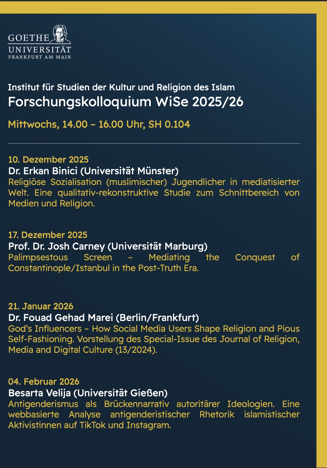 God‘s Influencers – How Social Media Users Shape Religion and Pious Self-Fashioning. Vorstellung des Special-Issue des Journal of Religion, Media and Digital Culture. (13/2024). Ein Vortrag von Fouad Gehad Marei (Berlin/Frankfurt).
